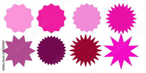 Set of purple red pink starburst stamps on white background. Vector illustration