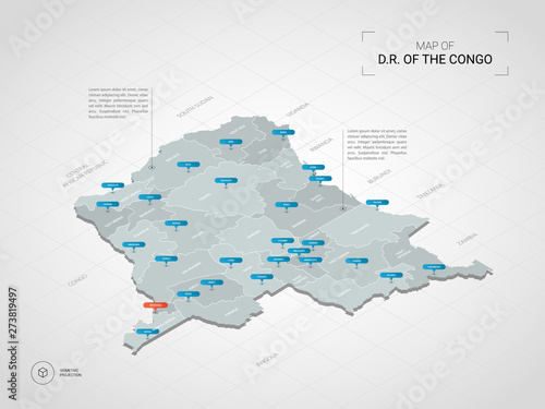 Isometric 3D Democratic Republic of the Congo map. Stylized vector map illustration with cities, borders, capital, administrative divisions and pointer marks; gradient background with grid.