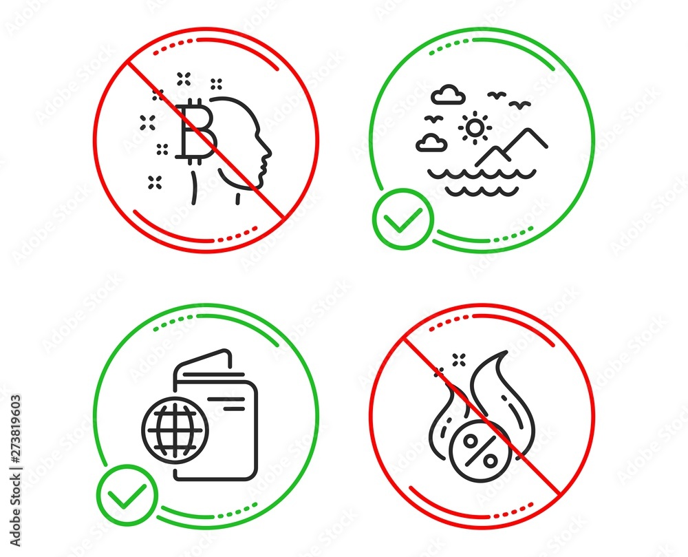 Do or Stop. Travel passport, Bitcoin think and Sea mountains icons simple set. Hot loan sign. Trip document, Cryptocurrency head, Summer travel. Discount offer. Business set. Vector Do or Stop. Travel passport, Bitcoin think and Sea mountains icons simple set. Hot loan sign. Trip document, Cryptocurrency head, Summer travel. Discount offer. Business set. Vector
