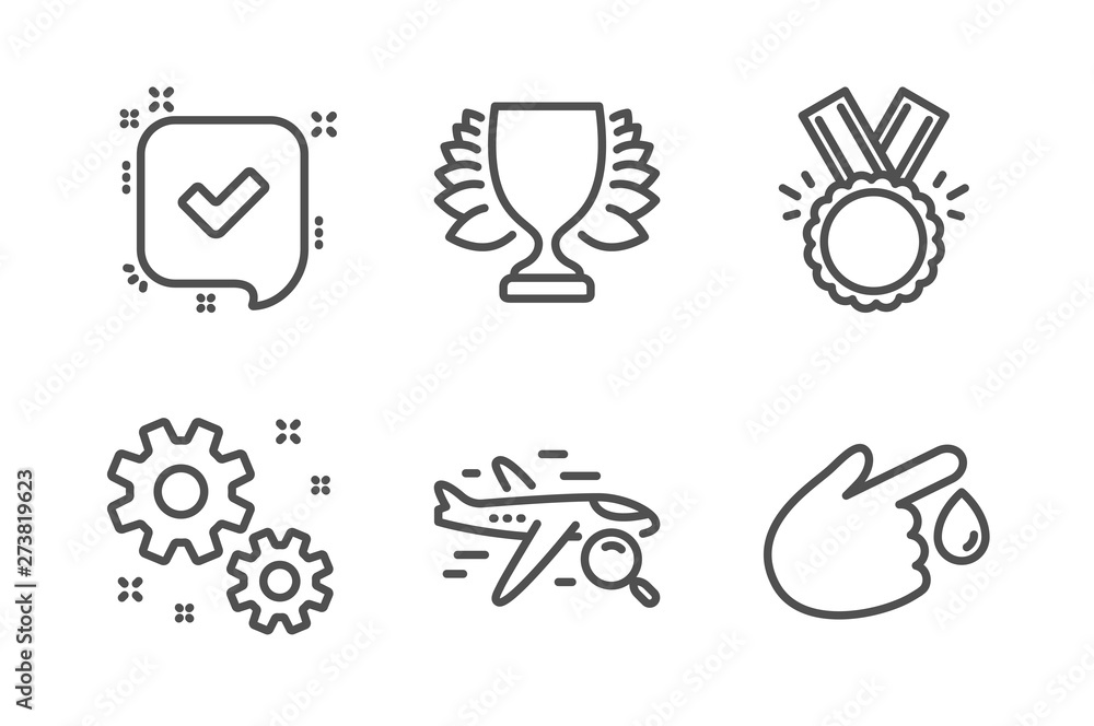 Winner, Search flight and Honor icons simple set. Confirmed, Work and Blood donation signs. Sports achievement, Find travel. Business set. Line winner icon. Editable stroke. Vector Winner, Search flight and Honor icons simple set. Confirmed, Work and Blood donation signs. Sports achievement, Find travel. Business set. Line winner icon. Editable stroke. Vector