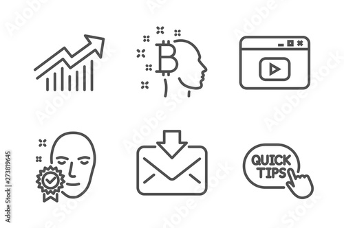 Demand curve, Video content and Incoming mail icons simple set. Bitcoin think, Face verified and Quick tips signs. Statistical report, Browser window. Business set. Line demand curve icon. Vector