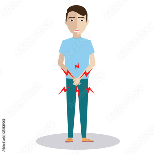 man with hands holding his crotch and need to pee or bladder problem, sick man prostate cancer, prostate inflammation, premature ejaculation, fertility, erection