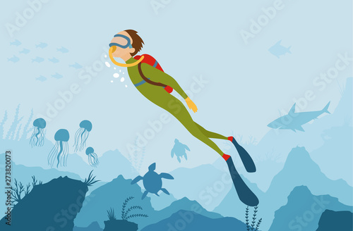 Vector cartoon style underwater background with sea flora and fauna. Coral reef, sea plants and fishes silhouettes. Scuba Diver explores the bottom of the sea. Diving club banner.