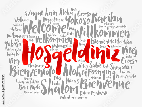 Hosgeldiniz (Welcome in Turkish) word cloud in different languages, conceptual background photo
