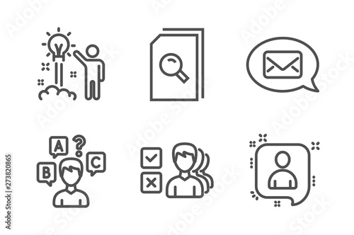 Creative idea, Quiz test and Messenger icons simple set. Opinion, Search files and Developers chat signs. Startup, Interview. Education set. Line creative idea icon. Editable stroke. Vector