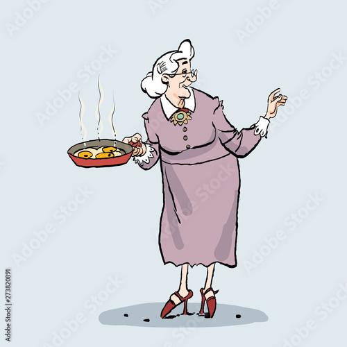 Old lady cooking. Cartoon of an old granny holding a pan.