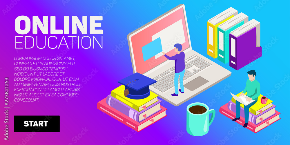 Isometric vector banner. Online education, learning, distant courses. School, college, unversity.