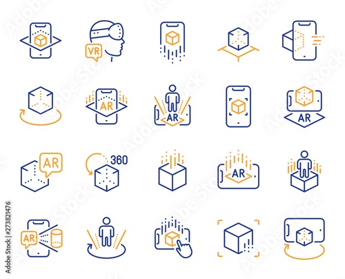 Augmented reality line icons. VR simulation, Panorama view, 360 degree. Virtual reality gaming, augmented, full rotation arrows icons. 360 vr tour, virtual simulation device. Vector