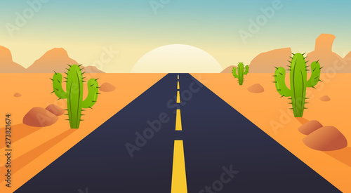 road with desert landscape, mountains and sunshine