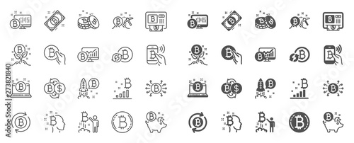 Cryptocurrency line icons. Set of Blockchain, Crypto ICO start up and Bitcoin icons. Mining, Cryptocurrency exchange, gold pickaxe. Bitcoin ATM, crypto coins, financial ico markets, blockchain