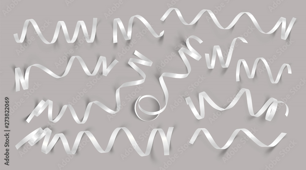 Set of realistic white ribbons on grey background. Vector illustration. Can be used for greeting card, holidays, banners, gifts and etc.