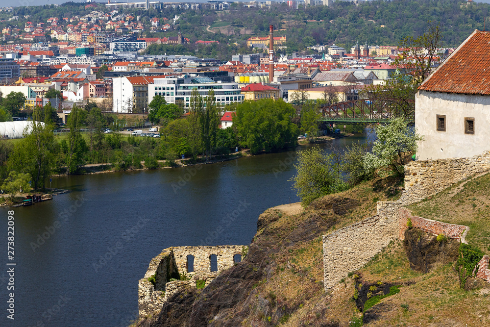 Ruins of Vysehrad castle and new buildings in Prague