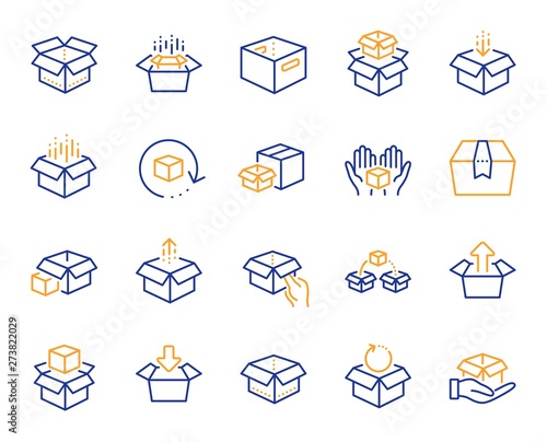 Box line icons. Package, delivery boxes, cargo box. Cargo distribution, export boxes, return parcel icons. Shipment of goods, purchase container, open package. Logistics goods. Vector