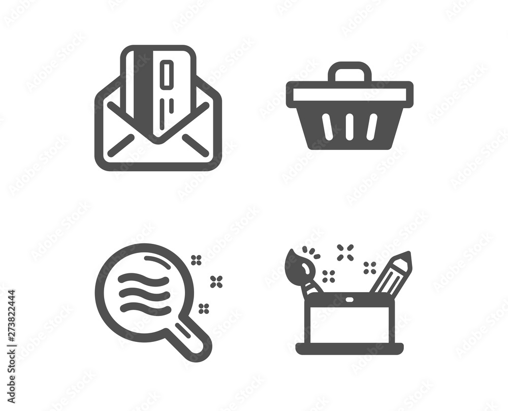 Set of Credit card, Shopping basket and Skin condition icons. Creativity concept sign. Mail, Sale offer, Search magnifier. Graphic art. Classic design credit card icon. Flat design. Vector Set of Credit card, Shopping basket and Skin condition icons. Creativity concept sign. Mail, Sale offer, Search magnifier. Graphic art. Classic design credit card icon. Flat design. Vector