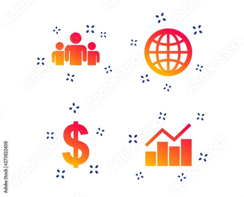 Business icons. Graph chart and globe signs. Dollar currency and group of people symbols. Random dynamic shapes. Gradient chart icon. Vector