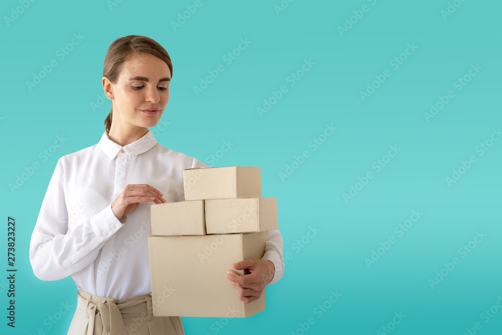freelance woman working with box at home, small business owner online marketing packaging box and delivery freelance woman working with box at home, small business owner online marketing packaging box and delivery