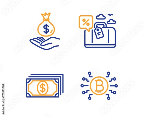 Payment, Travel loan and Income money icons simple set. Bitcoin system sign. Finance, Trip discount, Savings. Cryptocurrency scheme. Finance set. Linear payment icon. Colorful design set. Vector