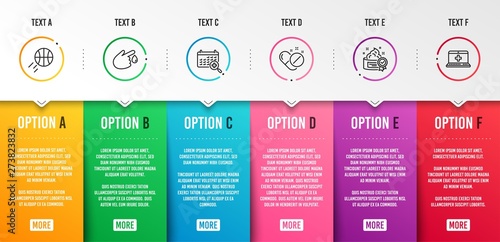 Basketball, Cream and Medical calendar icons simple set. Medical pills, Blood donation signs. Sport ball, Best lotion. Healthcare set. Infographic template. 6 steps timeline. Business options. Vector