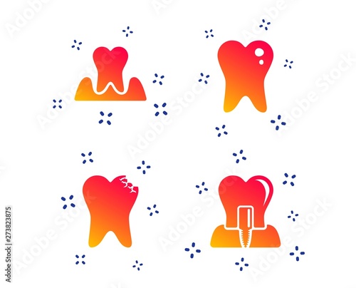 Dental care icons. Caries tooth sign. Tooth endosseous implant symbol. Parodontosis gingivitis sign. Random dynamic shapes. Gradient dental icon. Vector