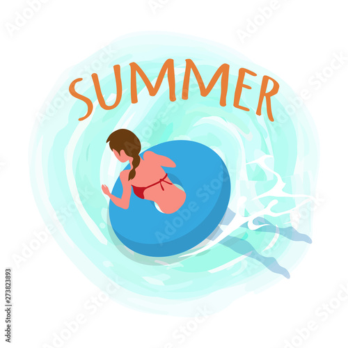 Summer holidays vector, woman in water with saving ring flat style. Lady wearing inflatable lifebuoy, seaside vacations, swimmer getting skills, sports