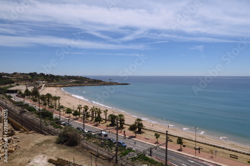 Bord de mer avec plage de sable, route ombragée par des palmiers et ciel bleu.