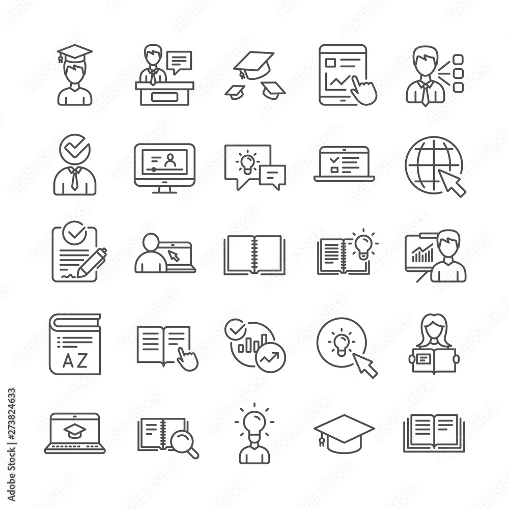 Education line icons. Laptop, College book and Video Tutorial icons. Graduation cap, Instructions and Presentation. Education or Lectures book, Charts. Laptop, tablet device. Video tutorial. Vector