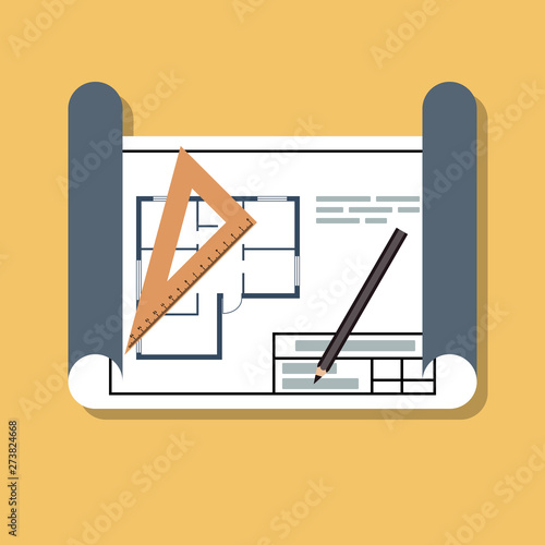 house building or reconstruction project in rolled paper, flat vector illustration