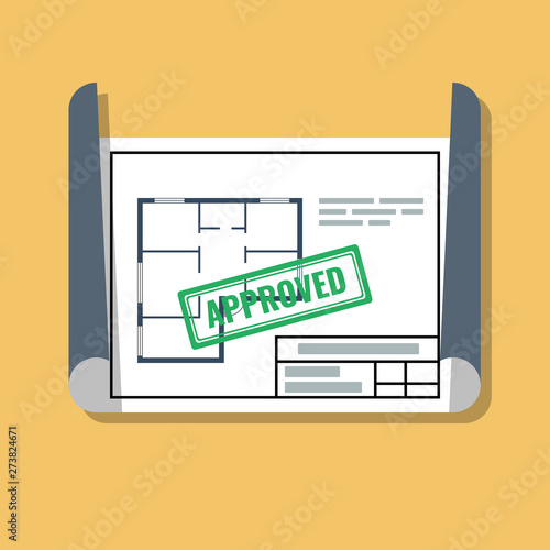 house building or reconstruction project with approval stamp in rolled paper, flat vector illustration