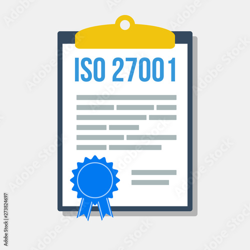 information security management system certificate in clipboard, flat vector illustration © MasterSergeant