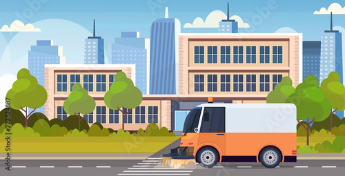 street sweeper truck machine cleaning process industrial vehicle urban road service concept modern cityscape background horizontal flat