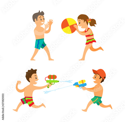 Boy and girl playing on beach, summer outdoor activity vector. Children with inflatable ball and water pistols, kids in swimwear, friends on seaside
