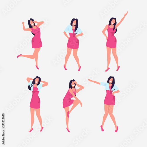 set woman standing in different poses collection smiling female cartoon character posing white background flat full length