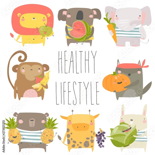 Cartoon animals holding fruits and vegetables on white background