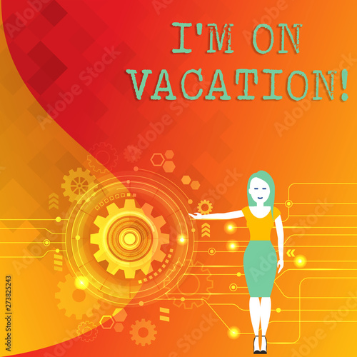 Word writing text I M On Vacation. Business photo showcasing Break from stressful work pressure travel worldwide Woman Standing and Presenting the SEO Process with Cog Wheel Gear inside
