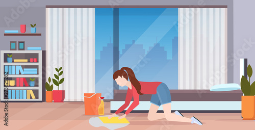housewife washing floor on knees woman cleaner using cloth and bucket girl doing housework cleaning service concept modern bedroom interior full length flat horizontal