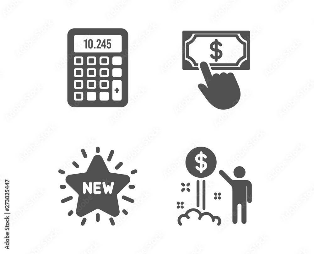 Set of Payment click, New star and Calculator icons. Income money sign. Financial transfer, Shopping, Accounting device. Wealth. Classic design payment click icon. Flat design. Vector Set of Payment click, New star and Calculator icons. Income money sign. Financial transfer, Shopping, Accounting device. Wealth. Classic design payment click icon. Flat design. Vector