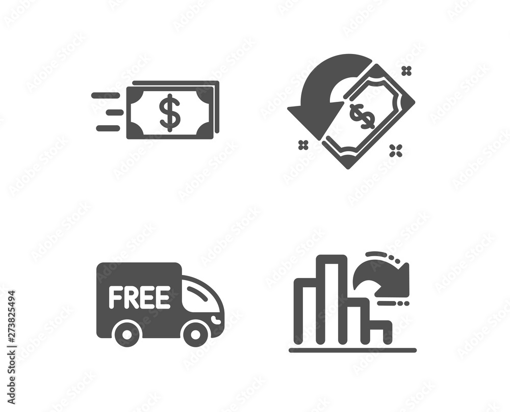Set of Free delivery, Money transfer and Cashback icons. Decreasing graph sign. Shopping truck, Cash delivery, Receive money. Column chart. Classic design free delivery icon. Flat design. Vector Set of Free delivery, Money transfer and Cashback icons. Decreasing graph sign. Shopping truck, Cash delivery, Receive money. Column chart. Classic design free delivery icon. Flat design. Vector