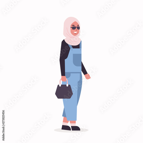 arabic woman in hijab arab girl wearing headscarf traditional clothes standing pose arabian female cartoon character with handbag full length flat