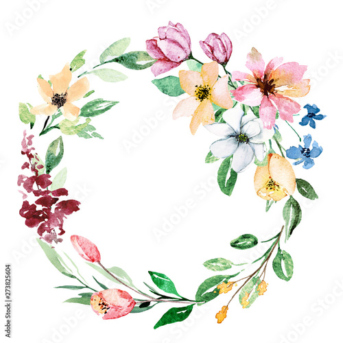 Wreath, floral frame, watercolor flowers, Illustration hand painting. Isolated on white background. Perfectly for greeting card design.