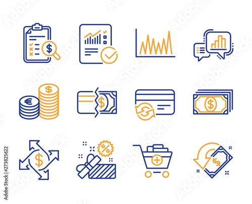 Change card, Payment methods and Accounting report icons simple set. Add products, Sale and Payment signs. Graph chart, Line graph and Checked calculation symbols. Currency, Cashback. Vector