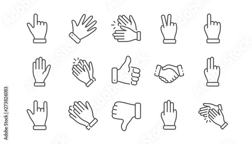 Hand gestures line icons. Handshake, Clapping hands, Victory. Horns, Thumb up finger, drag and drop icons. Donation hand gestures, click, helping hand. Linear set. Vector
