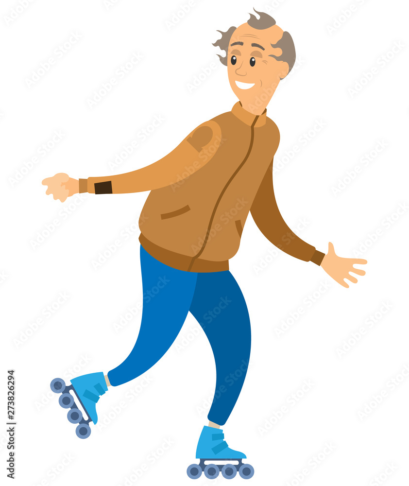 Portrait view of smiling old man character rollerblading, aged male wearing casual clothes and roller skating, activity pensioner on wheels, active vector