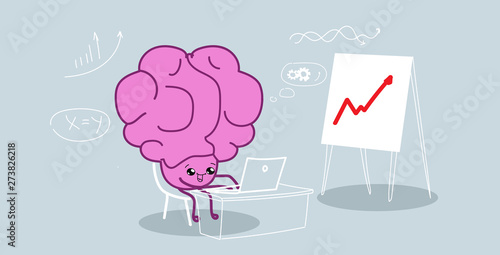 cute human brain using laptop analyzing financial graph on flip chart brainstorming concept pink cartoon character kawaii style horizontal