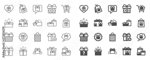 Gift line icons. Present box, Offer and Sale. Shopping cart, Tag and Chat. Speech bubble, Give a gift box, question mark, birthday discount. Shopping sale cart, present tag, delivery. Quality sign set