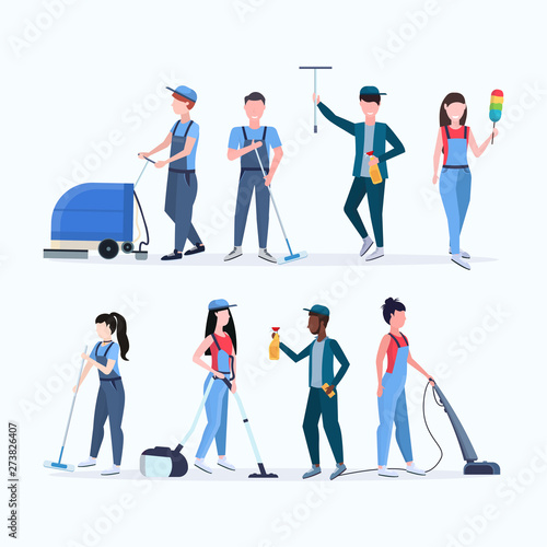 set janitors team cleaning service concept men women mix race cleaners in uniform working together with professional equipment flat full length different characters collection vector illustration