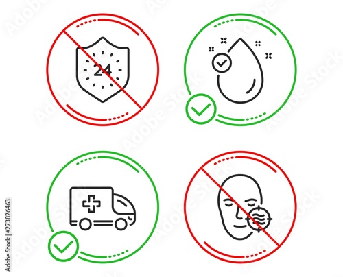 Do or Stop. Vitamin e, 24 hours and Ambulance emergency icons simple set. Problem skin sign. Oil drop, Protection, Medical transport. Facial care. Medical set. Line vitamin e do icon. Vector