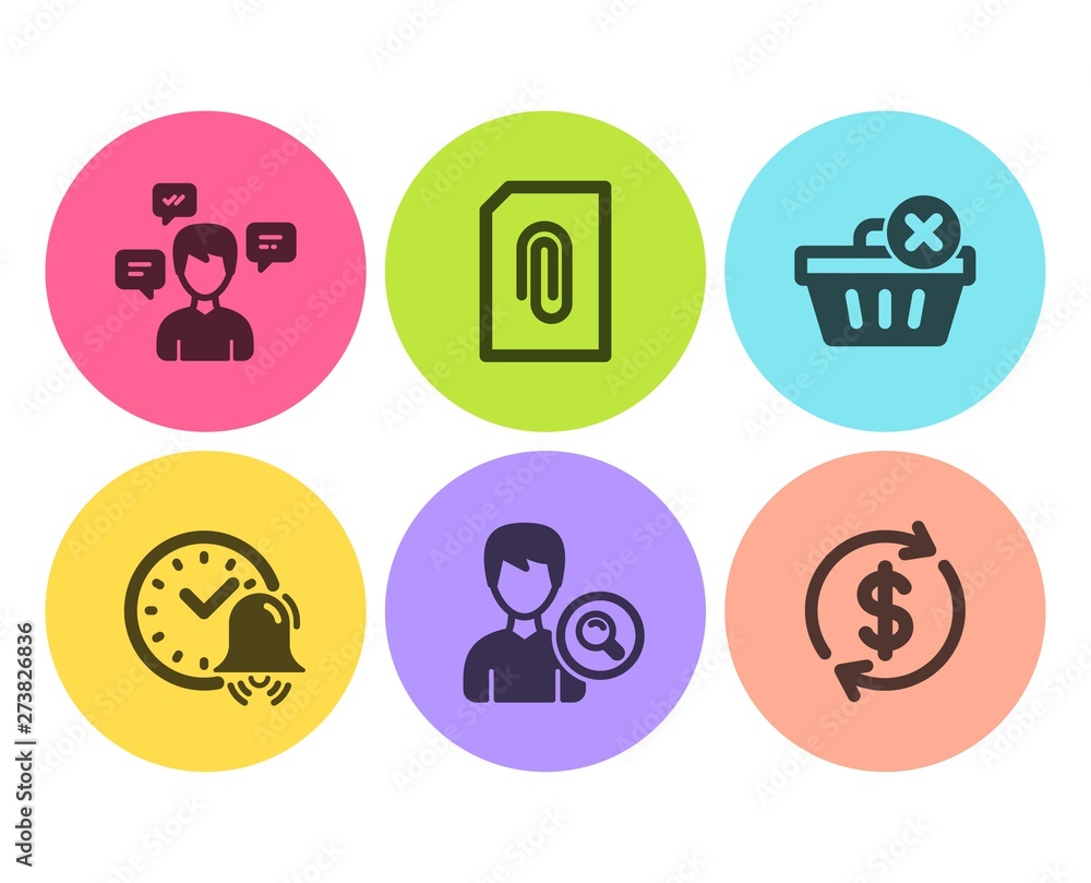 Conversation messages, Search people and Alarm bell icons simple set. Attachment, Delete purchase and Dollar exchange signs. Communication, Find profile. Business set. Flat conversation messages icon Conversation messages, Search people and Alarm bell icons simple set. Attachment, Delete purchase and Dollar exchange signs. Communication, Find profile. Business set. Flat conversation messages icon