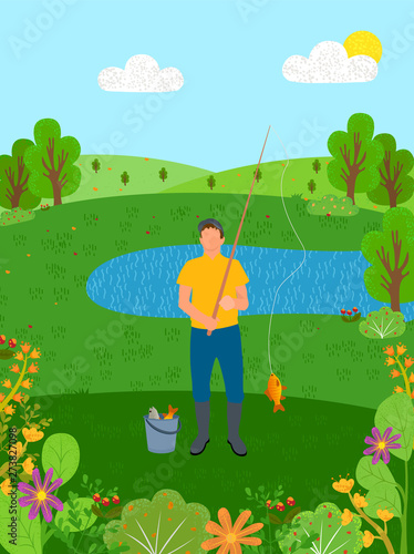 Person with fishing rod vector, male standing on bank of river, hobby of man with bucket and caught fish on lace. Park with trees, eco clean nature