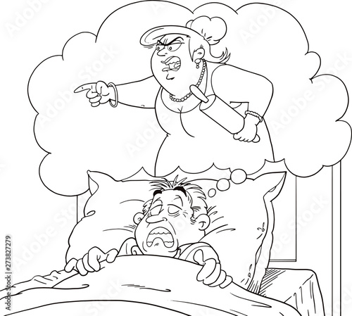 Cartoon Vector Concept Illustration of Funny Man Dreaming a Nightmare about fat woman