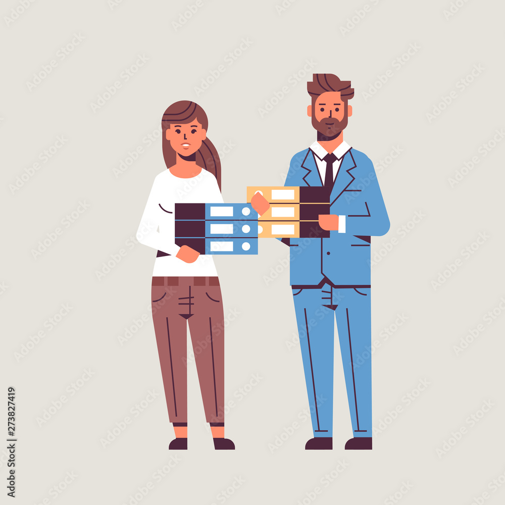 overworked businesspeople man woman holding folder stack couple overloaded coworkers standing together paperwork concept flat full length